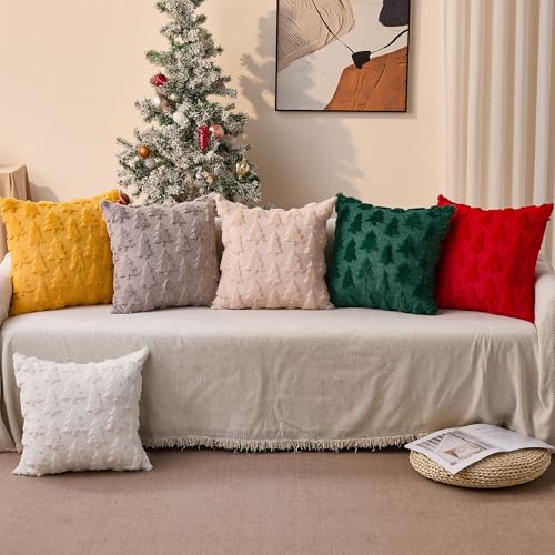 Christmas Tree Pillow Covers 18x18 inch Set of 2 Beige Plush Faux Fur Jacquard Throw Pillows L9785