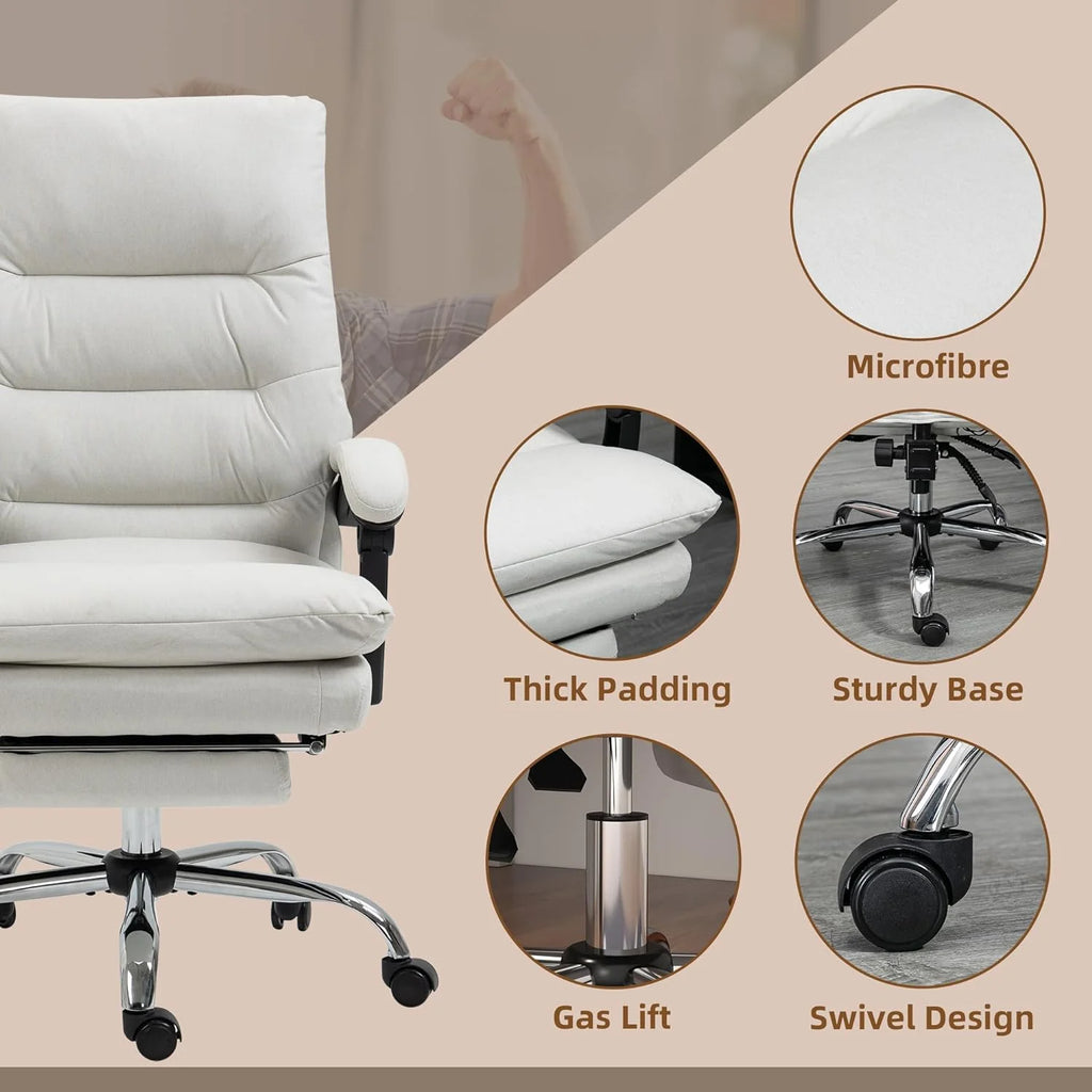 Cream White Microfibre Heated Reclining Massage Office Chair with Footrest O65552