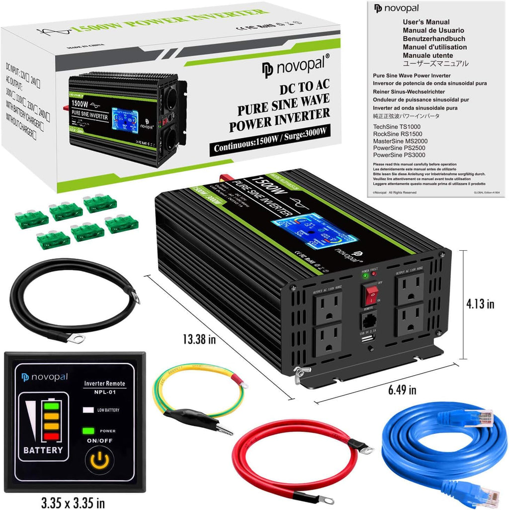 1500 Watt Pure Sine Wave Power Inverter DC 12V to 110V/120V with 4 AC Outlets USB Port Remote Control LCD Display Z5869