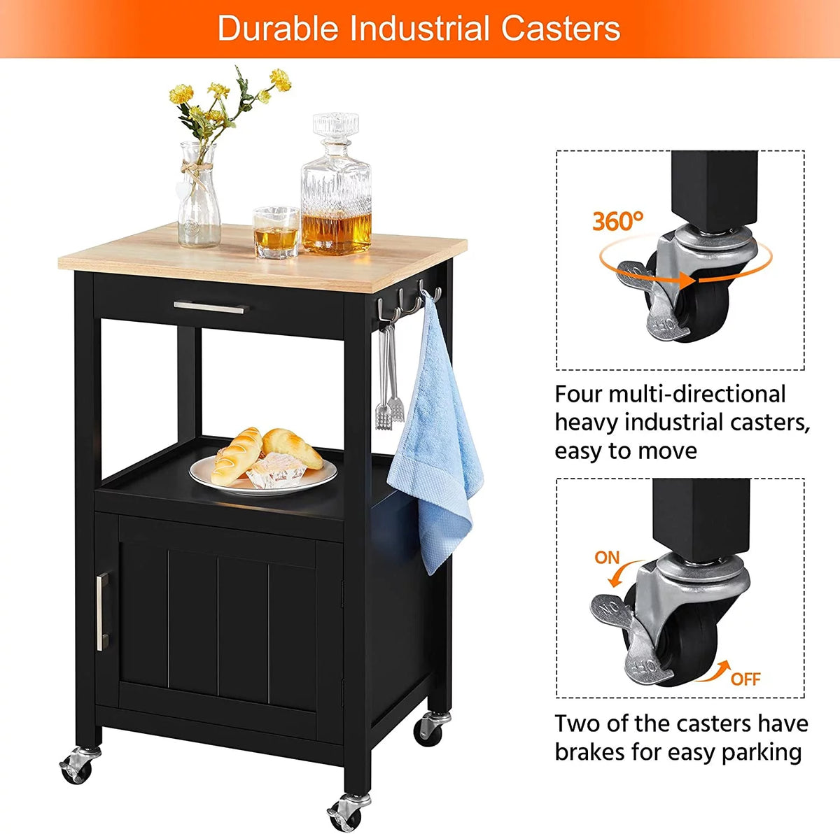 Black Kitchen Island on Wheels with Wood Top and Drawer D462995