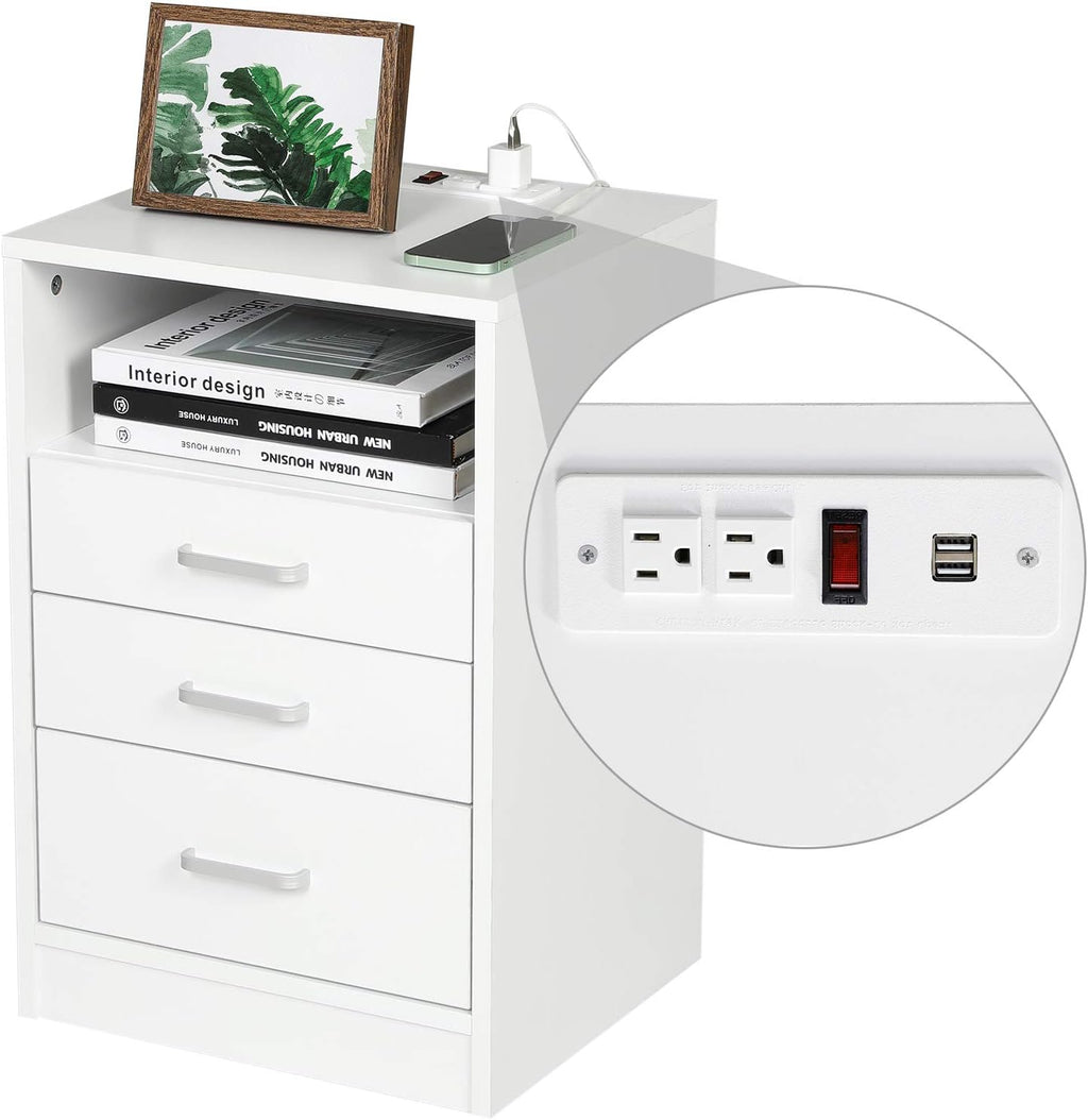 Black Nightstand 3 Drawers with USB Port Wooden Side Table W66816