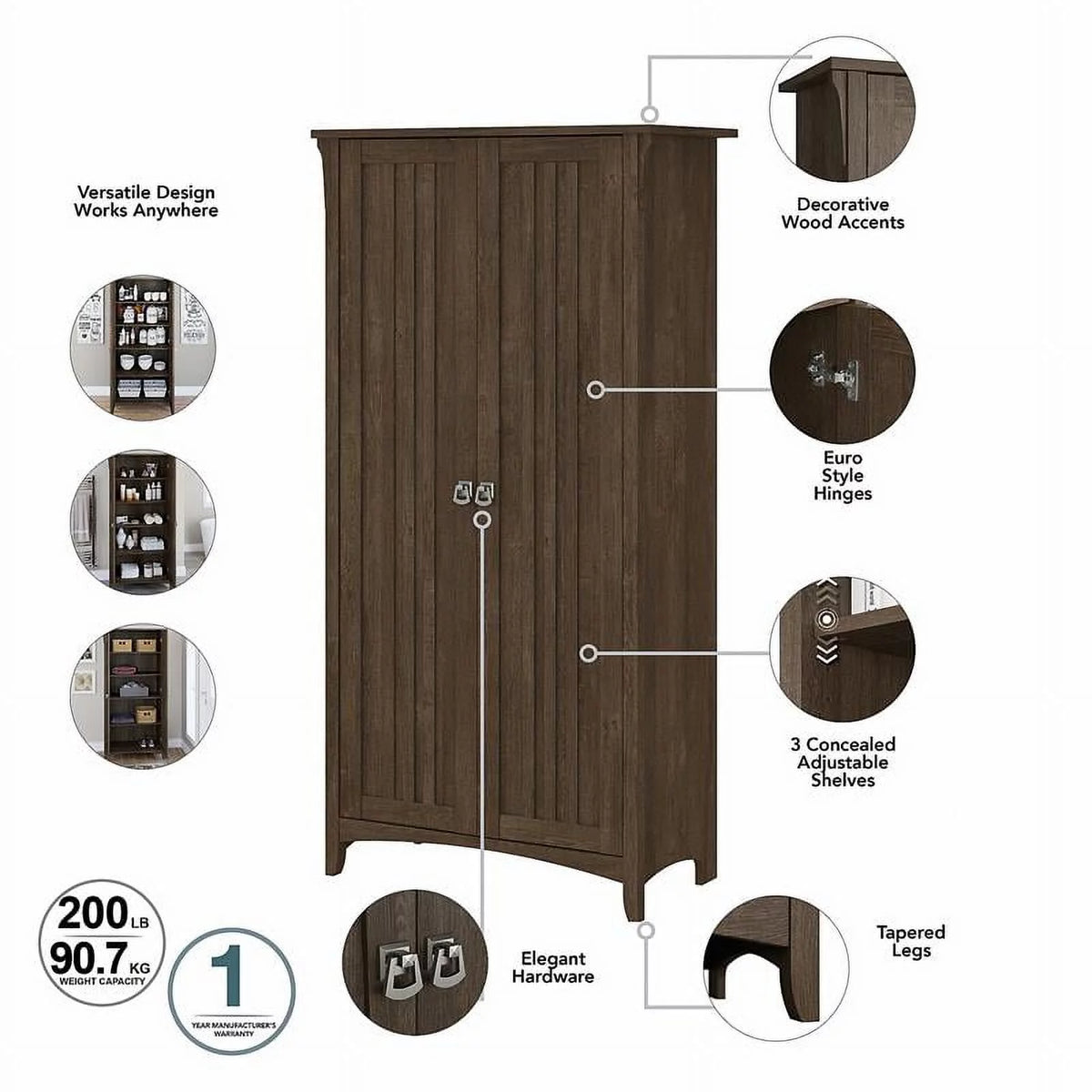 Ash Brown Engineered Wood Kitchen Pantry Cabinet with Doors W6153