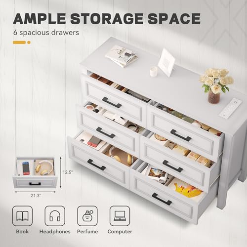 White Walnut 6 Drawer Wood Dresser W777