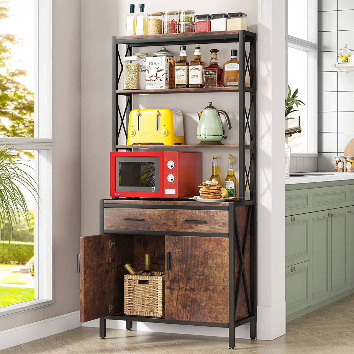 Tall Industrial Bookshelf with Drawer and Doors V648879