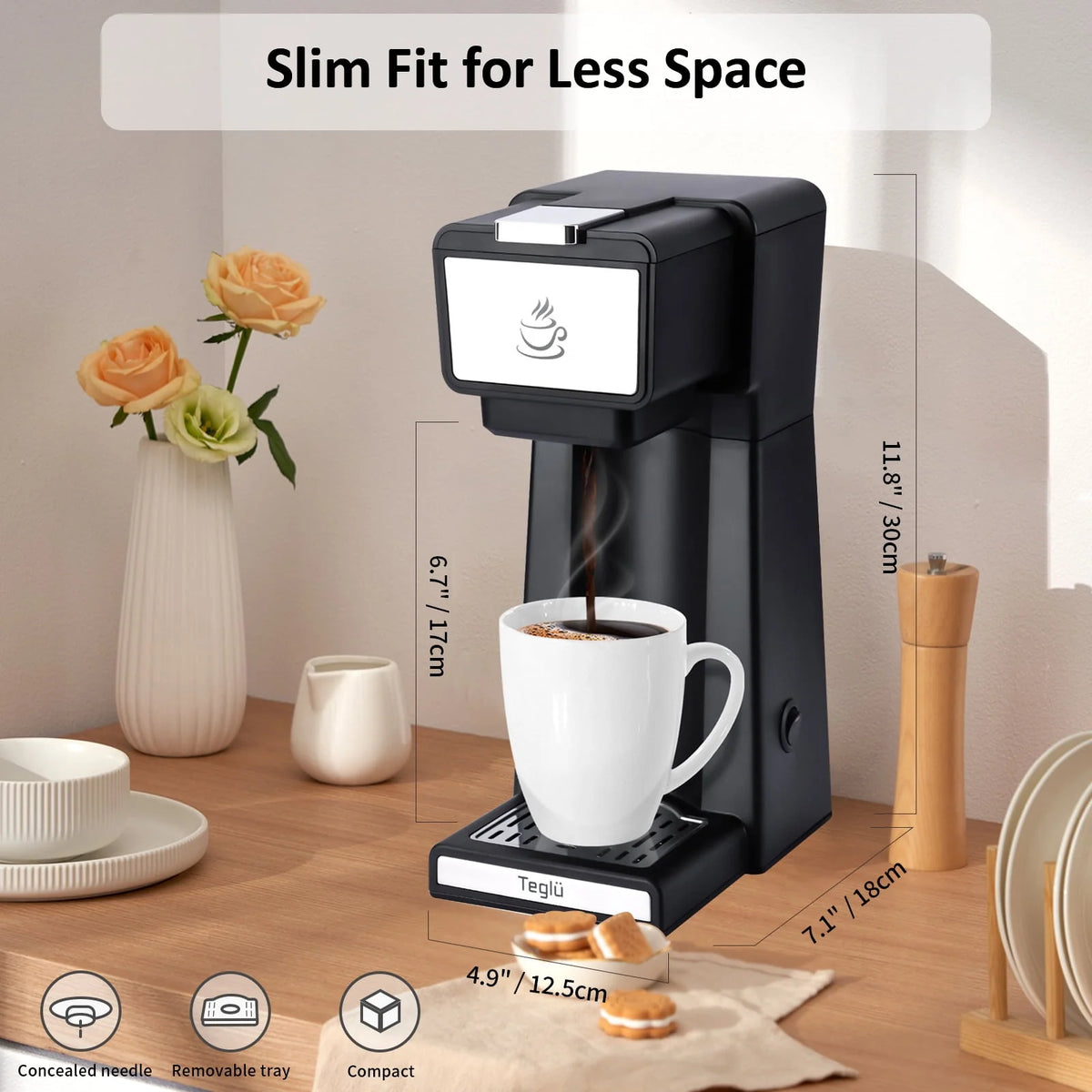 Slim Single Serve Coffee Maker 2 in 1, 14 Oz, Black U109