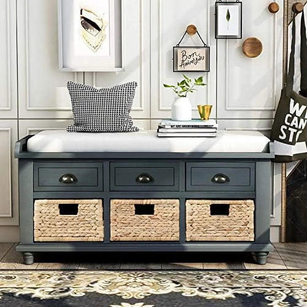 White Washed Bench with 3 Basket Drawers K697
