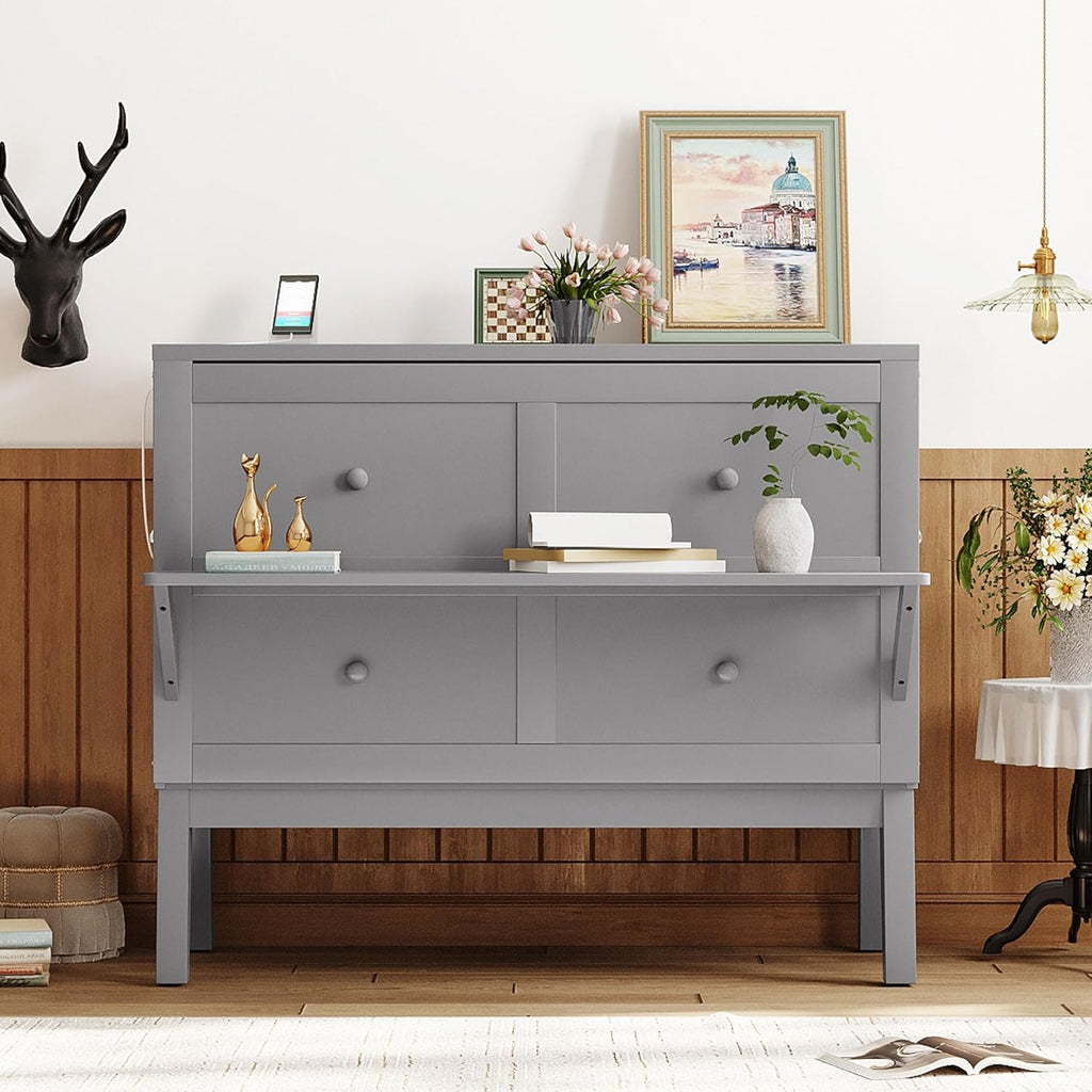 Gray Full Size Murphy Wall Bed with Cabinet P3293