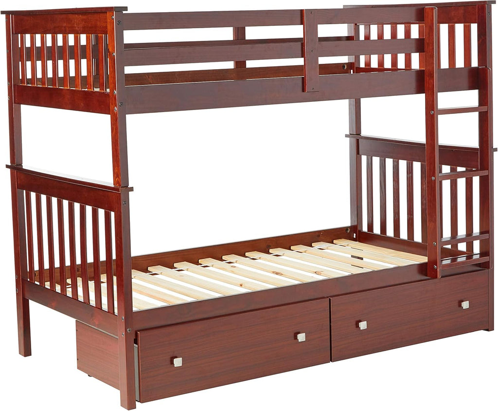 Dark Cappuccino Twin Bunk Bed with Under Bed Drawers T9752