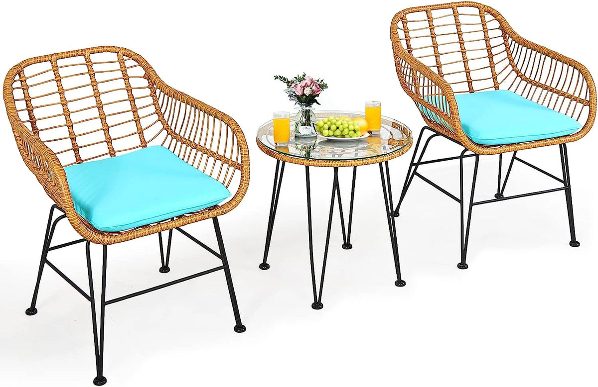 3 Pieces Rattan Patio Bistro Set with Glass Coffee Table T374
