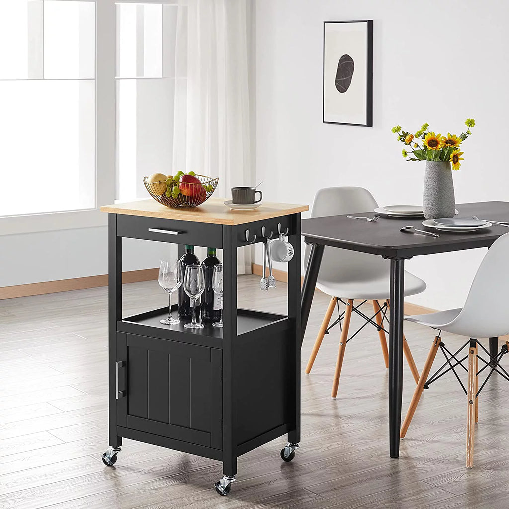 Black Kitchen Island on Wheels with Wood Top and Drawer D462995