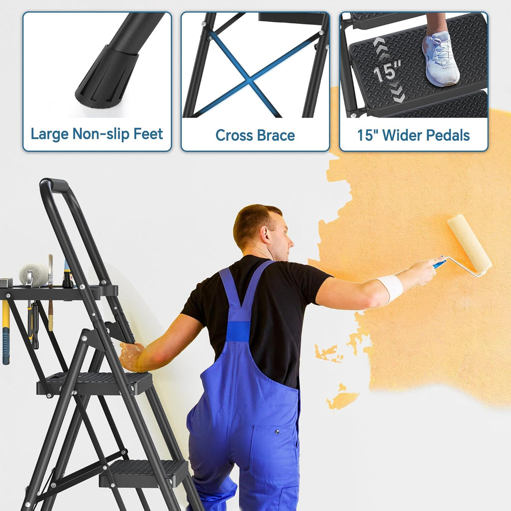 Folding Step Stool with Anti-Slip Pedal, 500lbs Capacity Steel Step Ladder T773