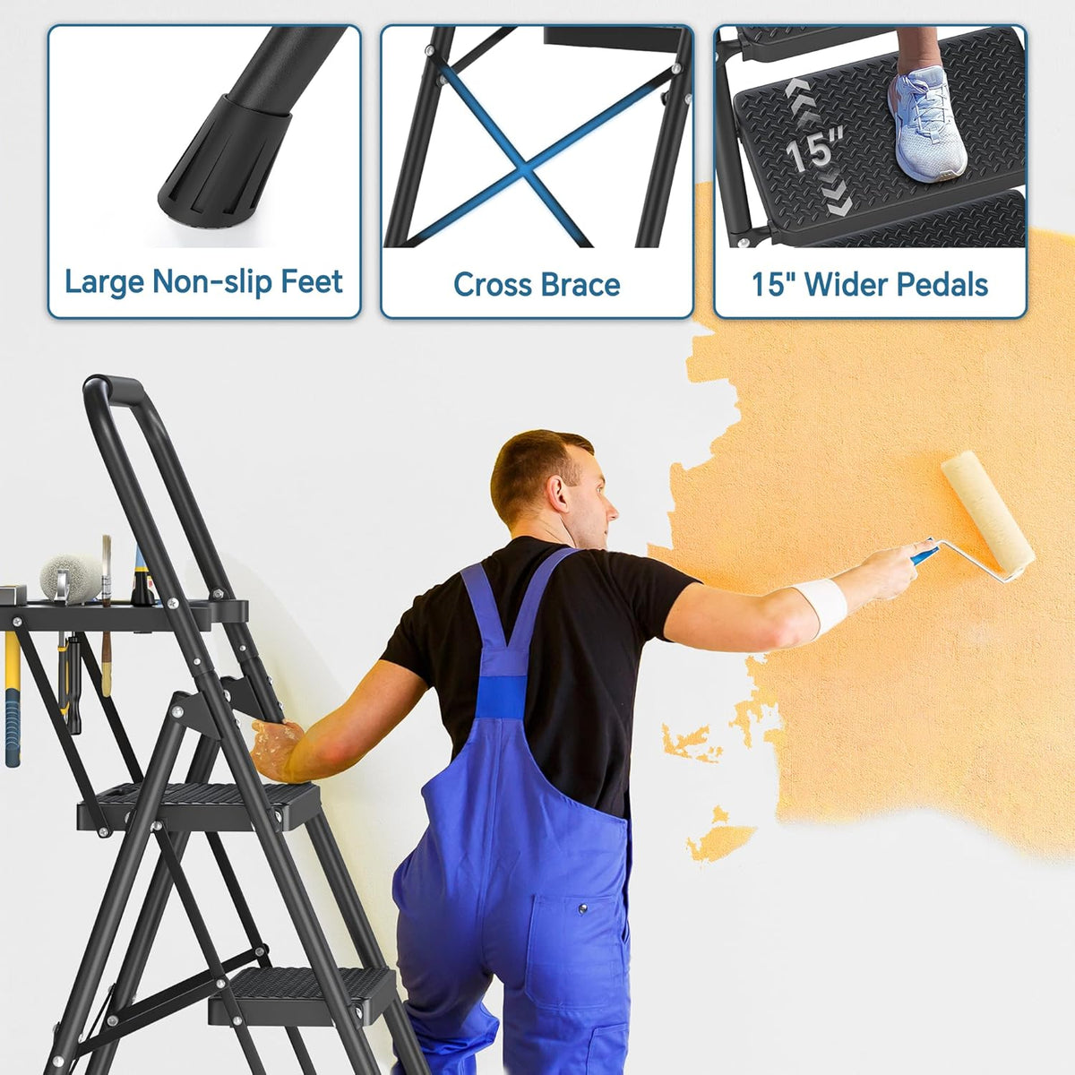 Folding Step Stool with Anti-Slip Pedal, 500lbs Capacity Steel Step Ladder T773