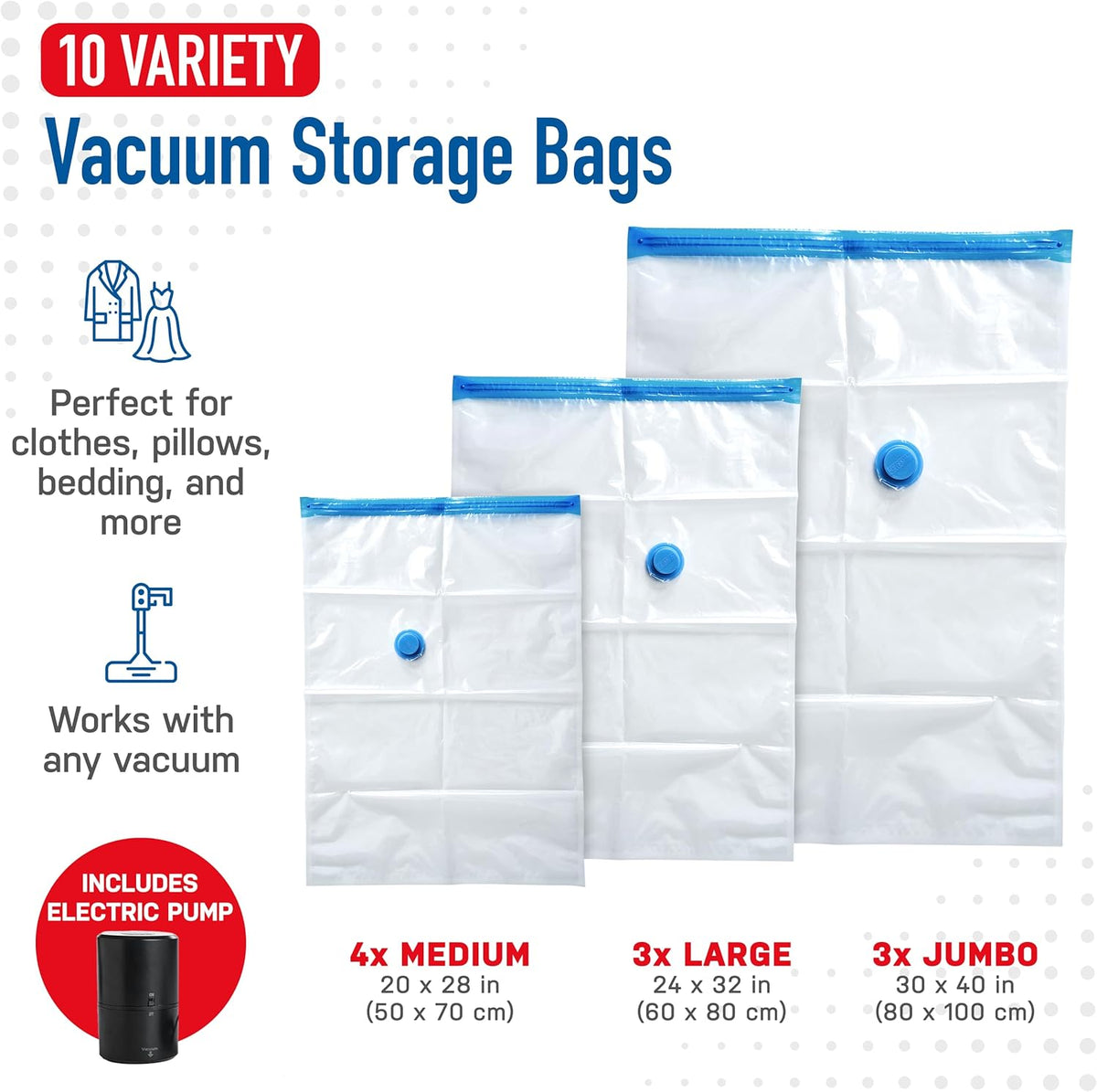 10-Pack Vacuum Storage Bags with Electric Pump B6087
