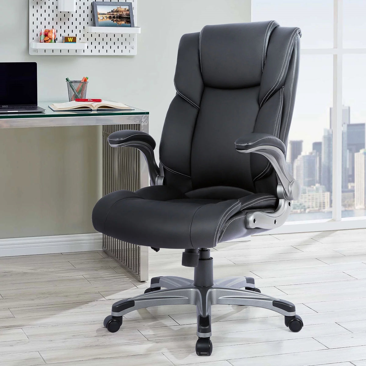 High Back Ergonomic Leather Office Chair with Flip-up Arms A581