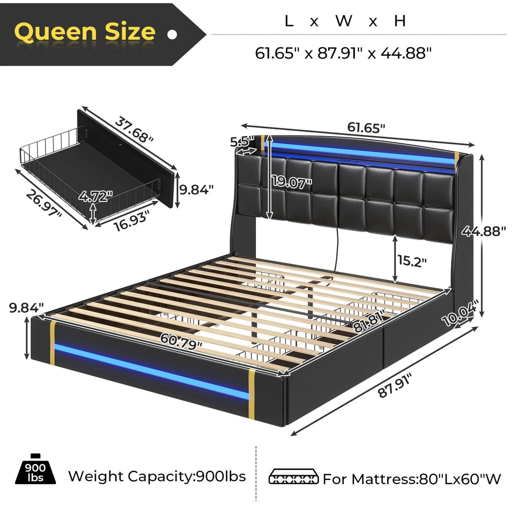 Queen Bed Frame with LED Lights and Charging Station, Upholstered Platform Bed Frame with Hidden Storage and 4 Drawers, Black O676