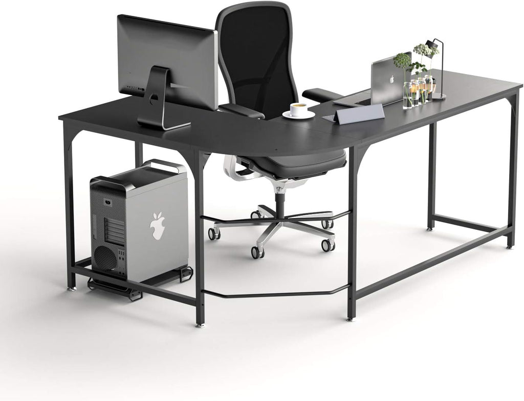 Reversible L Shaped Desk Corner Computer Desk with Webcam Wood Metal Teak Black E5596
