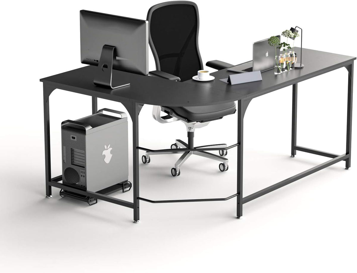 Reversible L Shaped Desk Corner Computer Desk with Webcam Wood Metal Teak Black E5596