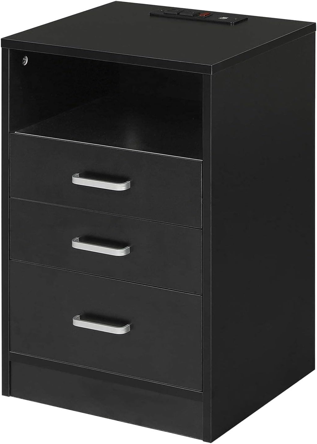 Black Nightstand 3 Drawers with USB Port Wooden Side Table W66816