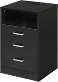 Black Nightstand 3 Drawers with USB Port Wooden Side Table W66816