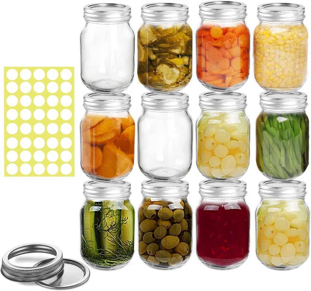 12 Pack 16 oz Clear Glass Mason Jars with Airtight Lids and Bands Q407