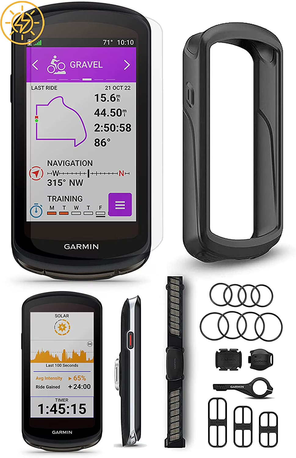Garmin Edge 1040 Solar GPS Bike Computer with Speed Sensor 2, Cadence Sensor 2, HRM-Dual, Black Silicone Case, Mounts Z61687