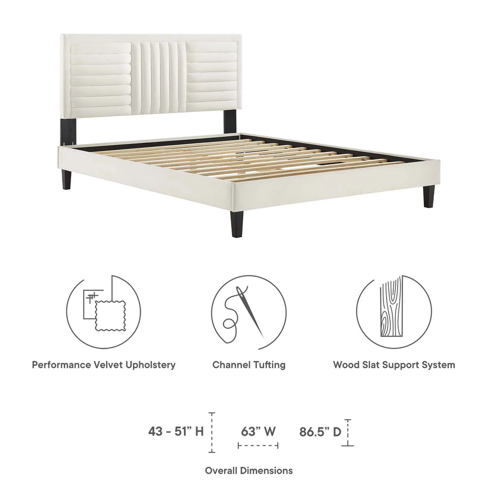 White Channel Tufted Performance Velvet Queen Platform Bed J3661