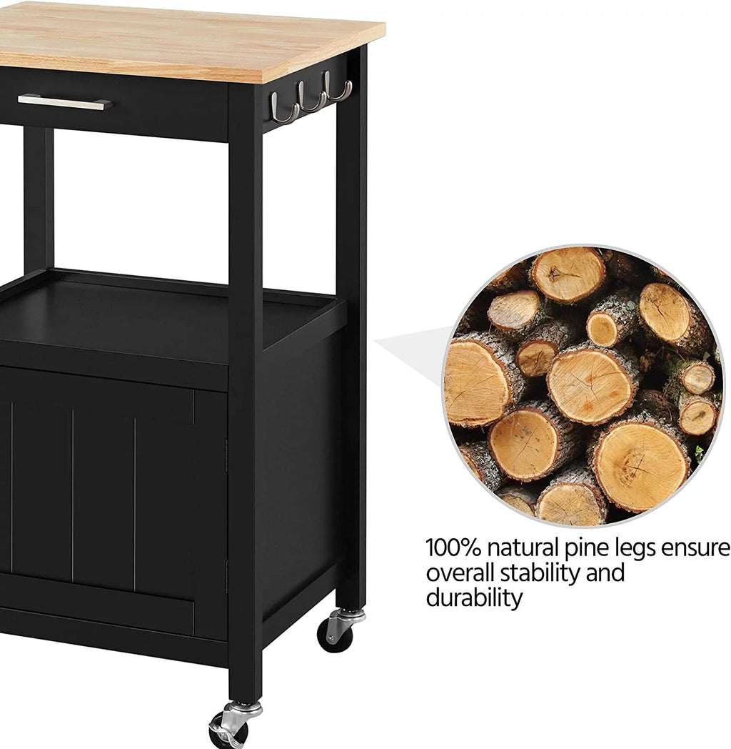 Black Kitchen Island on Wheels with Wood Top and Drawer D462995