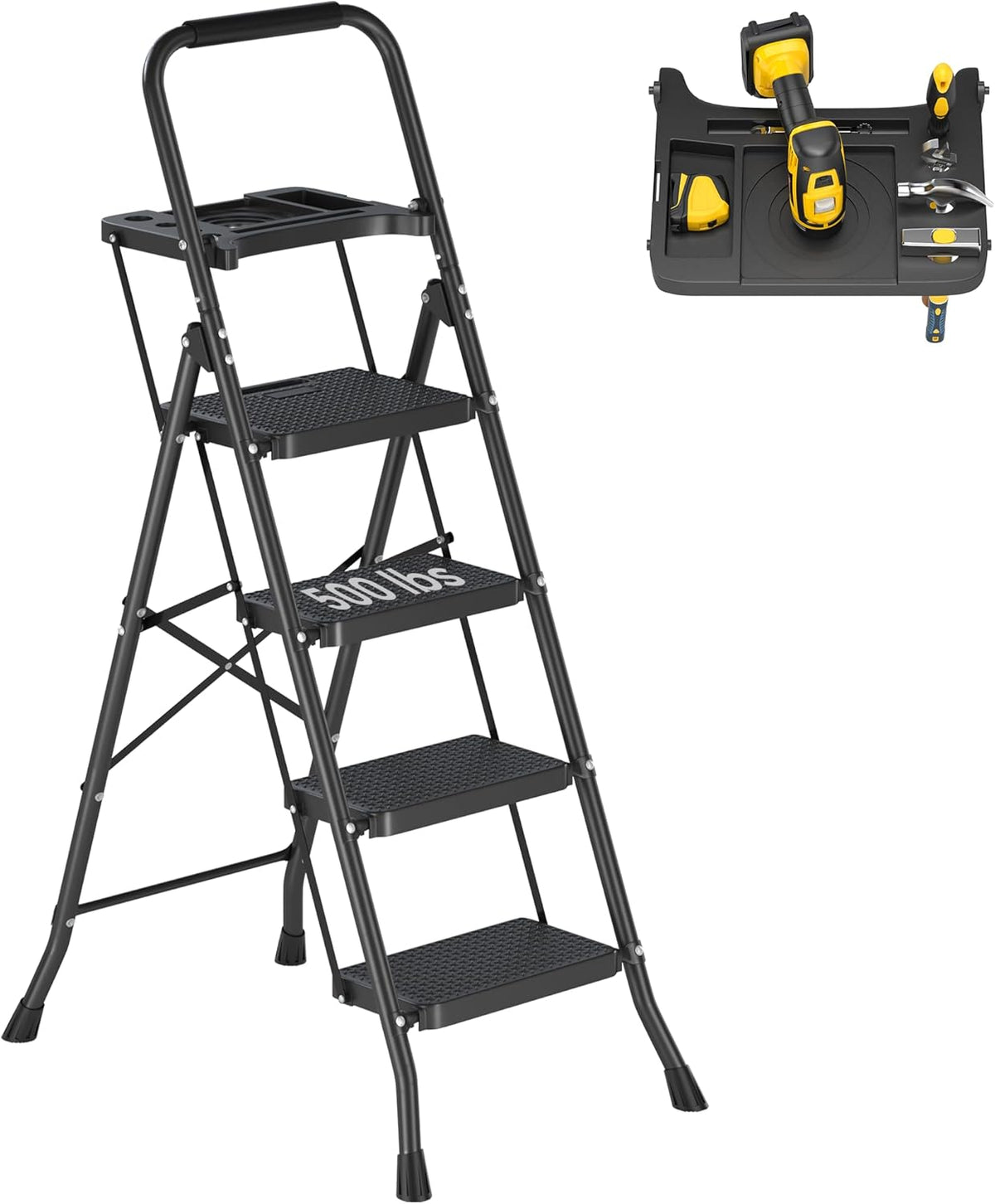 Folding Step Stool with Anti-Slip Pedal, 500lbs Capacity Steel Step Ladder T773