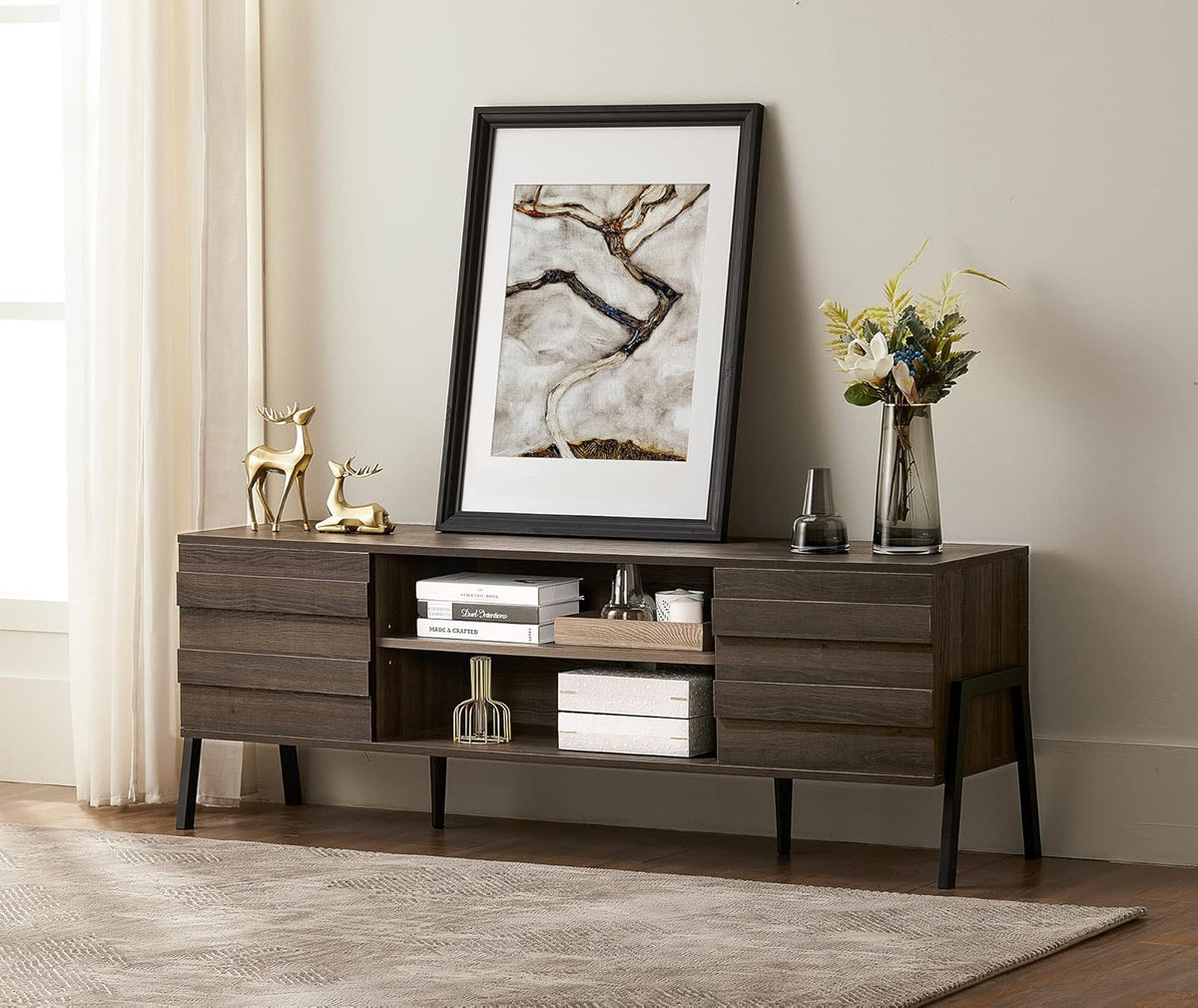 Black and Oak Wood TV Stand with Storage D67569