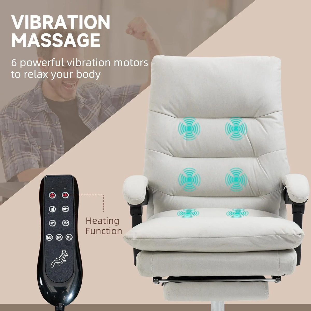 Cream White Microfibre Heated Reclining Massage Office Chair with Footrest O65552