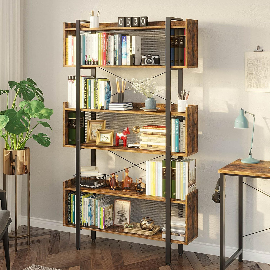 6-Tier Grey Wooden Bookshelf with Metal Frame A680