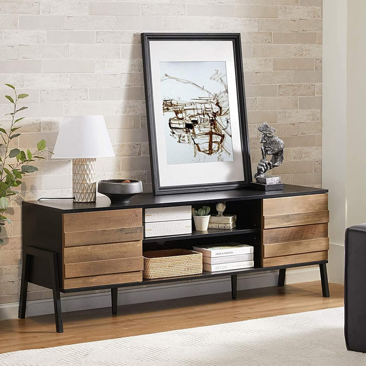 Black and Oak Wood TV Stand with Storage D67569