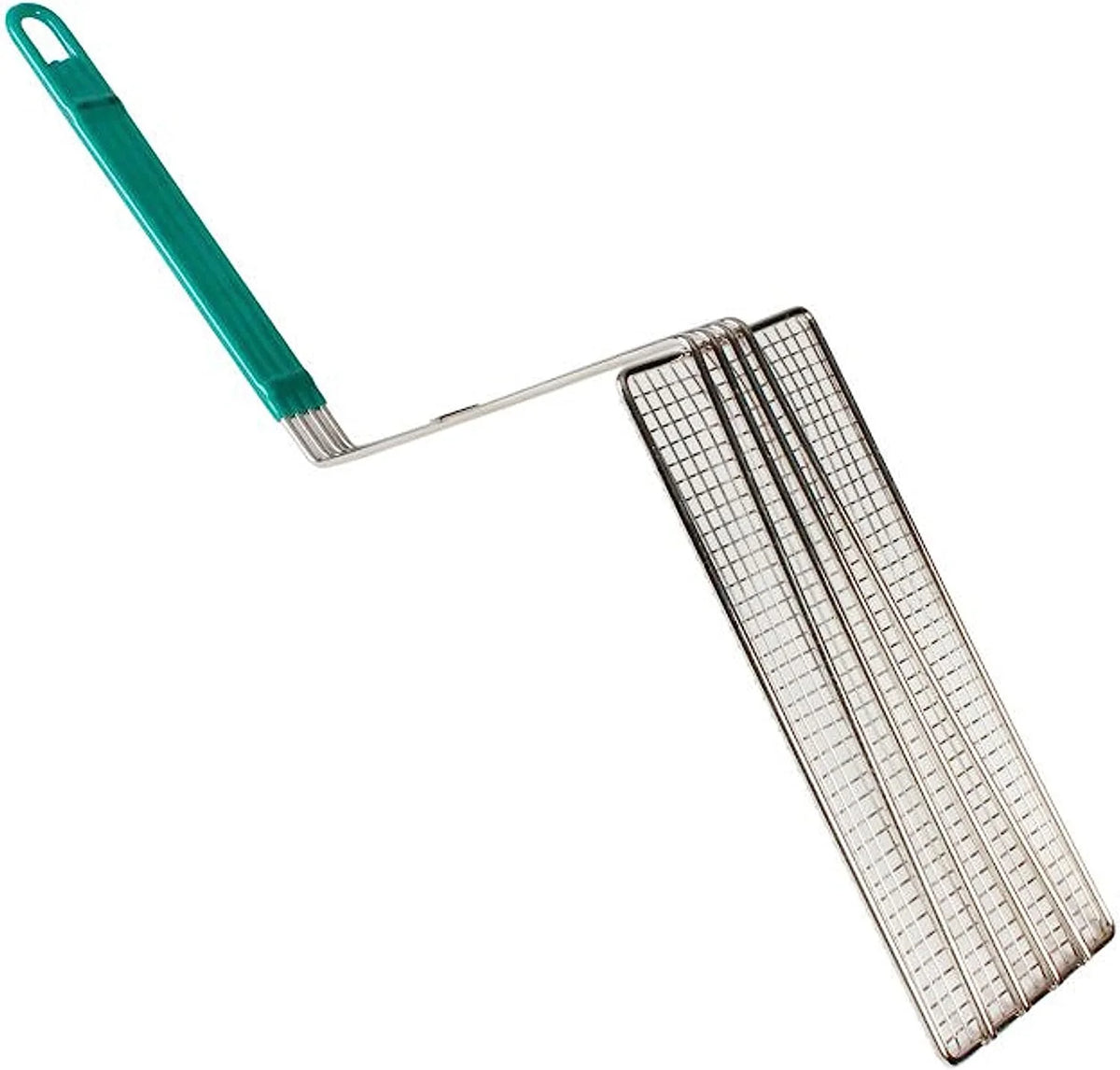 11" x 4-3/4" Rectangular Deep Fry Basket Press Heavy Duty Nickel Plated Iron with Green Coated Handle O8870
