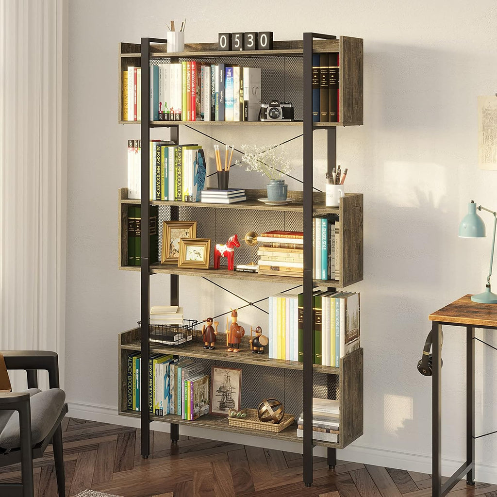 6-Tier Grey Wooden Bookshelf with Metal Frame A680