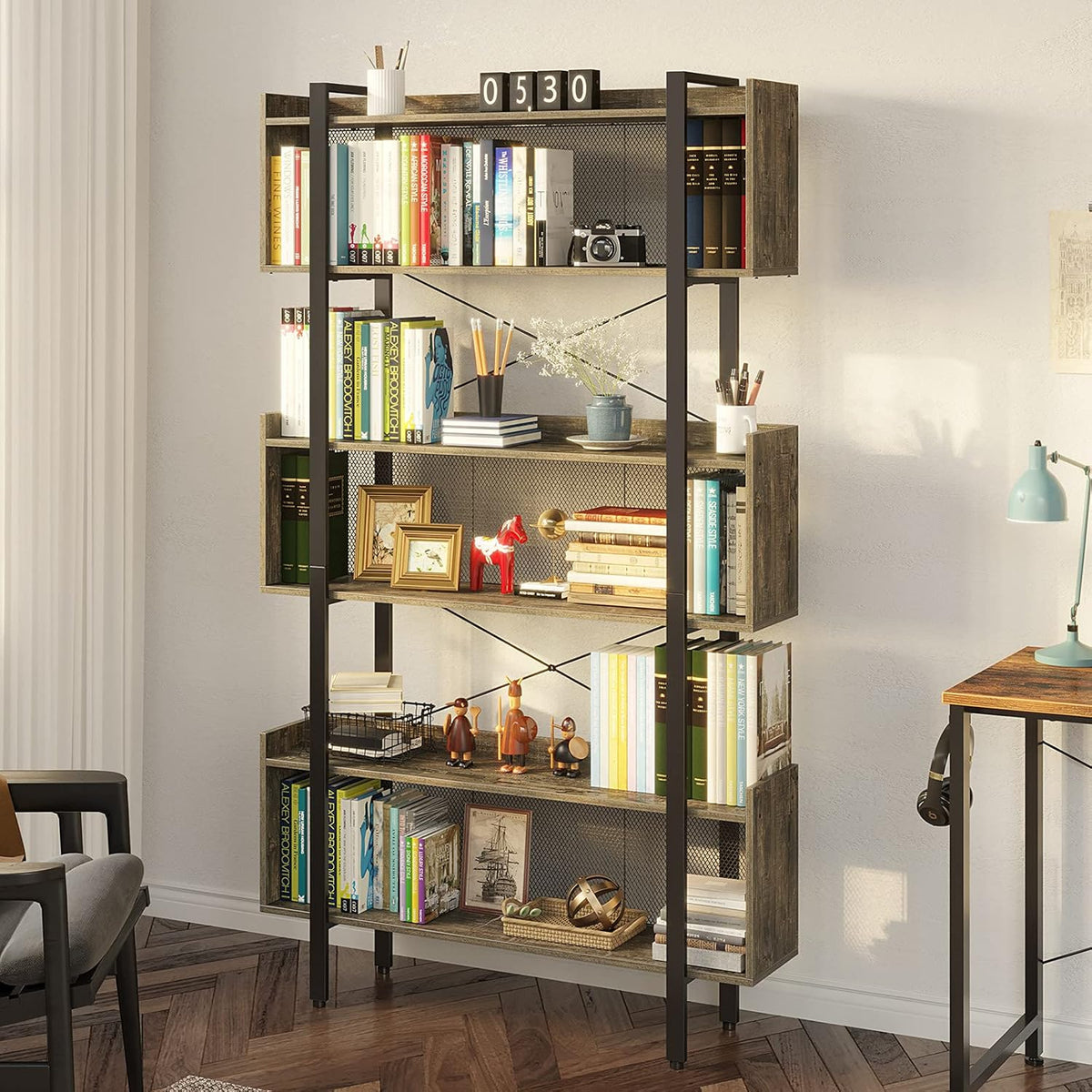 6-Tier Grey Wooden Bookshelf with Metal Frame A680