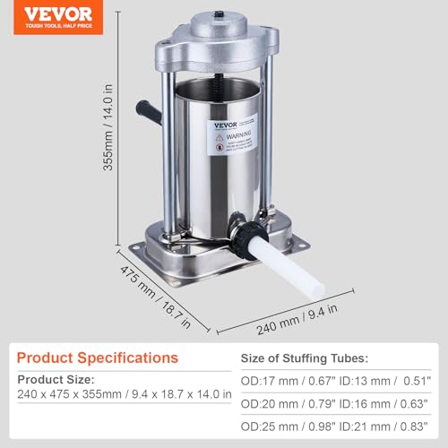 7 L / 15 LBS Vertical Manual Sausage Stuffer, 304 Stainless Steel, 5 Stuffing Tubes P562254