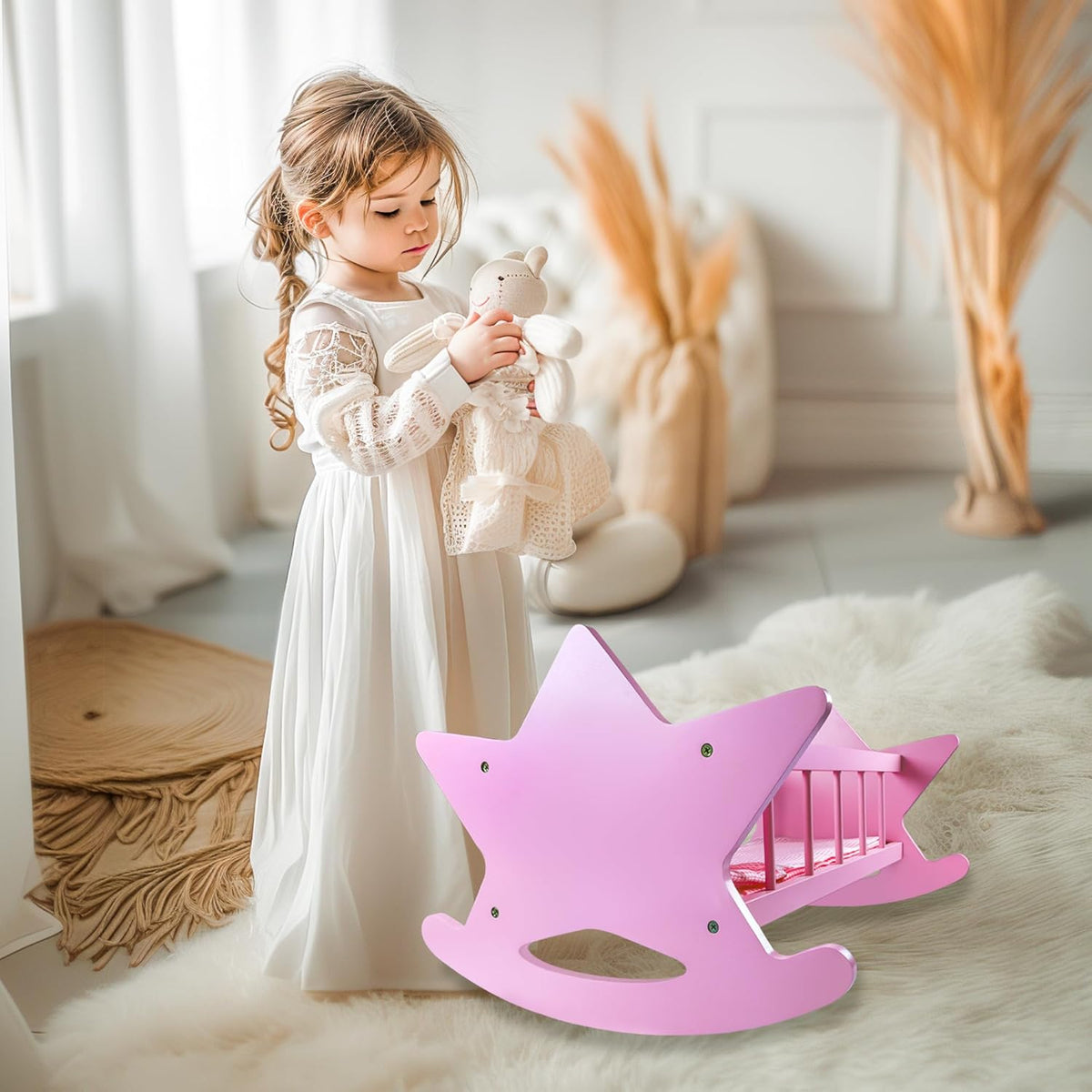 Pink Wooden Baby Doll Crib with Bedding R73035