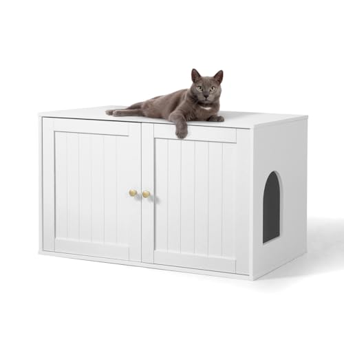 White Wooden Cat Litter Box with Double Doors I61273