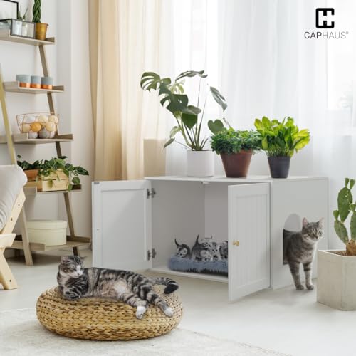White Wooden Cat Litter Box with Double Doors I61273
