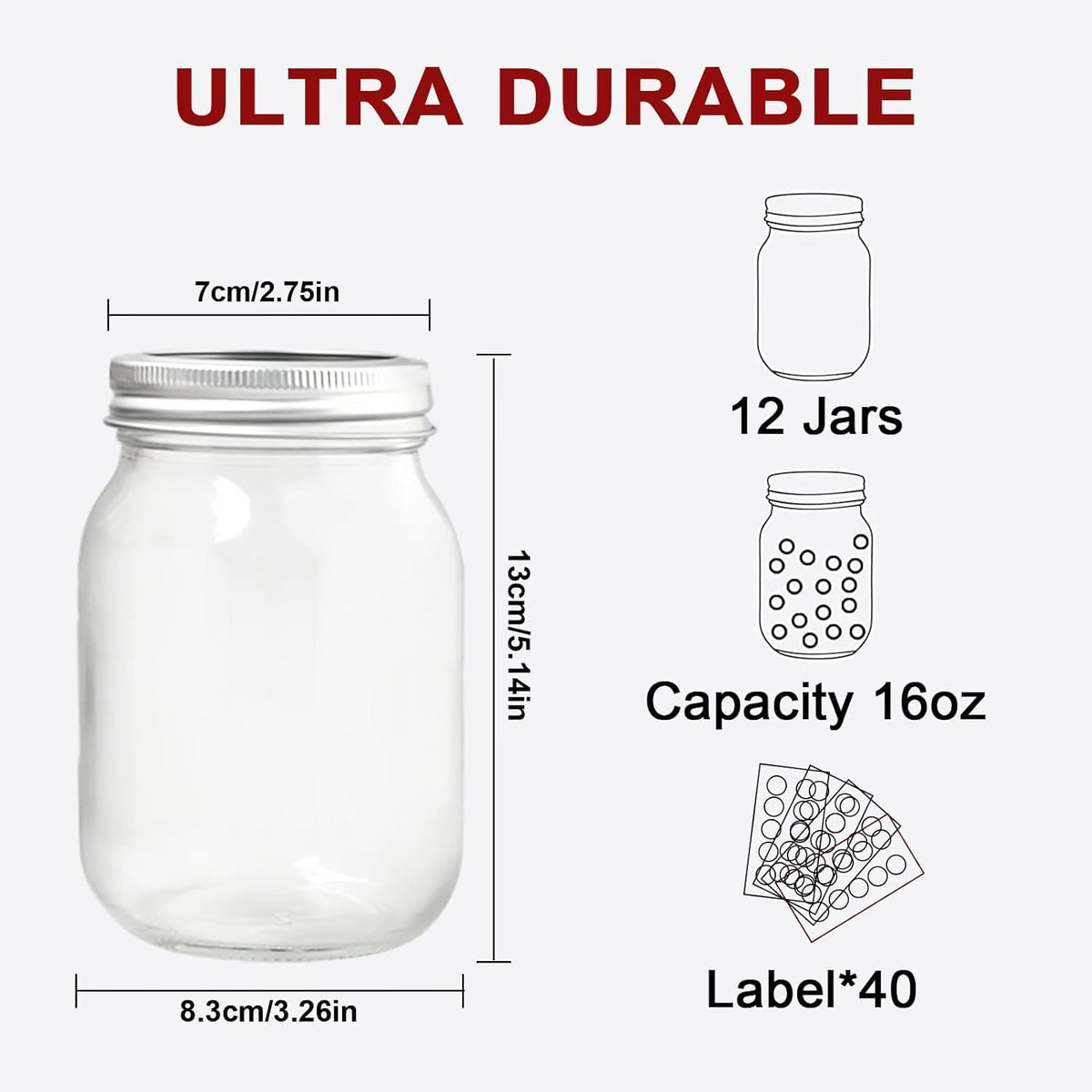 12 Pack 16 oz Clear Glass Mason Jars with Airtight Lids and Bands Q407