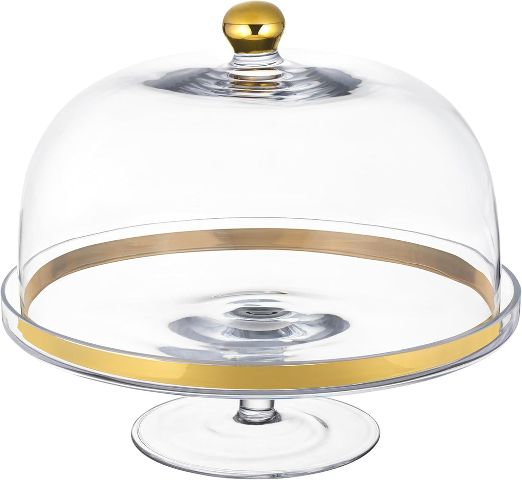 Glass Cake Stand with Dome Gold Rim Gold Knob 11.75" Diameter D6363