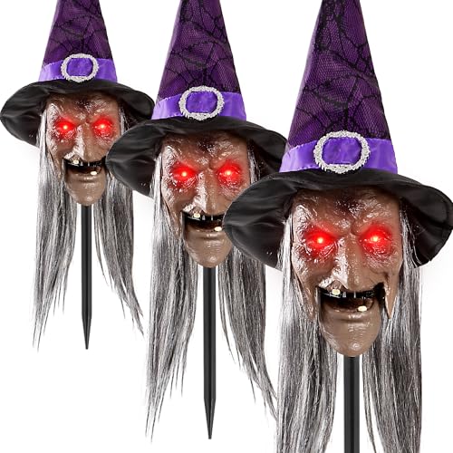 3-Pack Halloween Animatronic Witch Stakes with Sound, Light-Up Eyes, Moving Mouth V262254