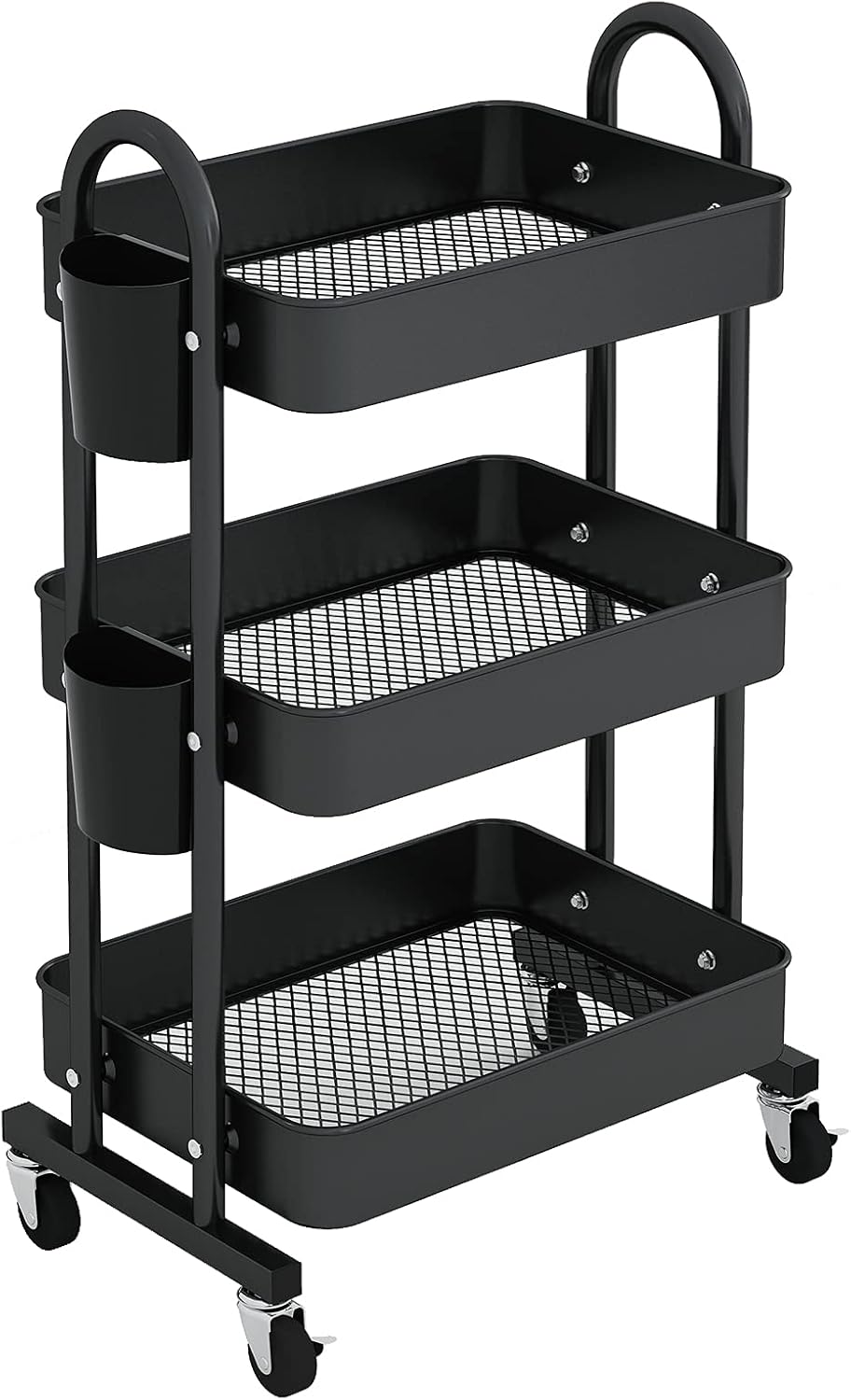 3-Tier Rolling Utility Cart Storage Shelves with Mesh Basket and Wheels G84471