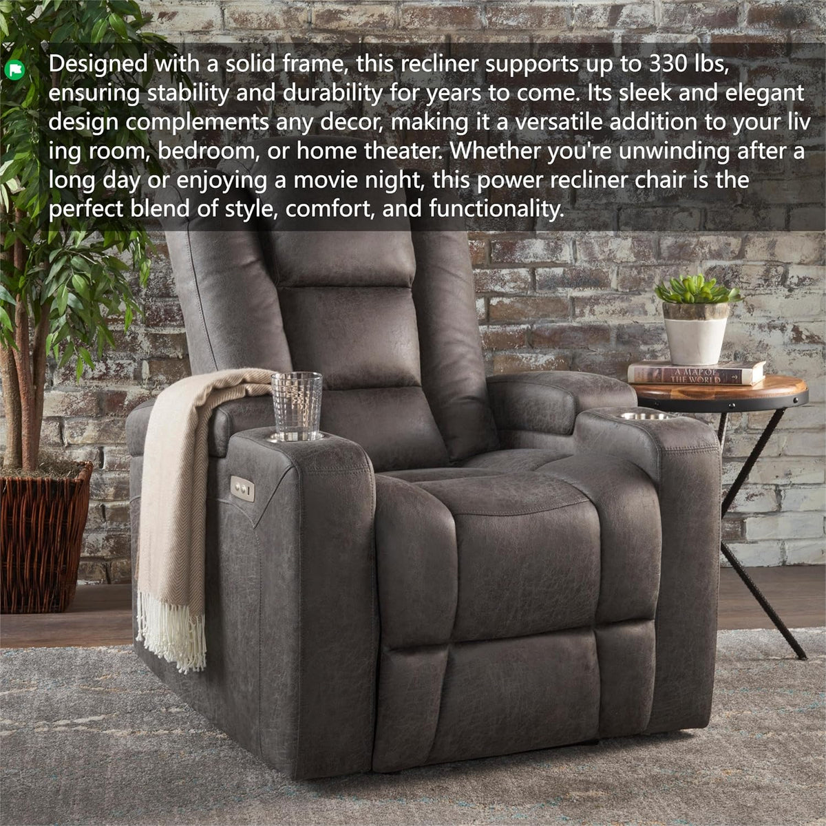 Power Recliner Chair with USB, Arm Storage, and Cup Holders R23147
