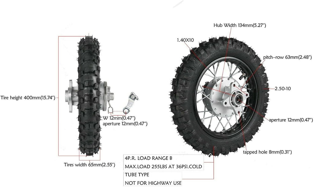 2.5-10" Rear Wheel Tire Assembly for Dirt Pit Bike F6091