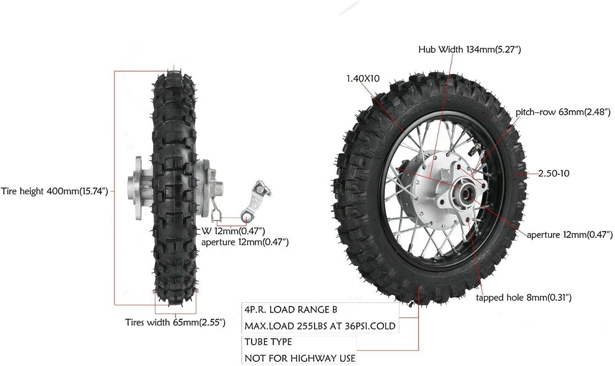 2.5-10" Rear Wheel Tire Assembly for Dirt Pit Bike F6091