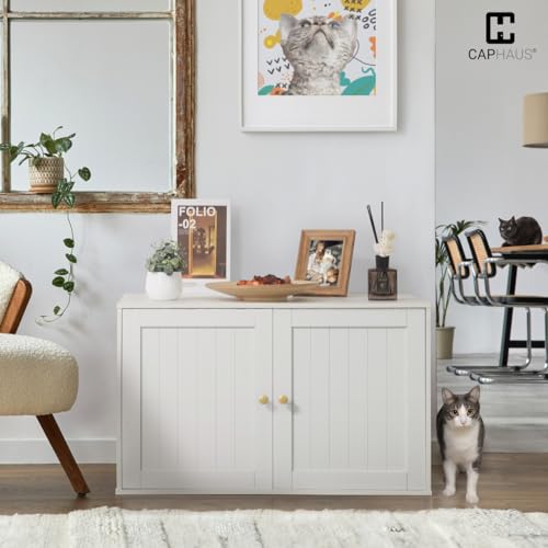 White Wooden Cat Litter Box with Double Doors I61273