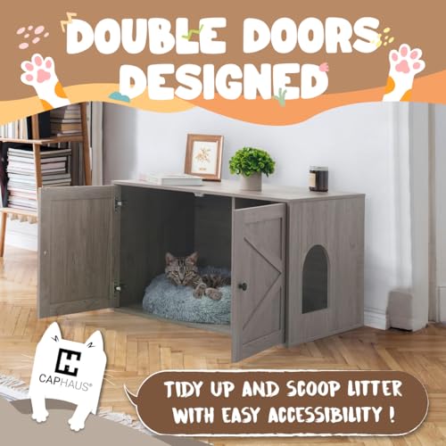 White Wooden Cat Litter Box with Double Doors I61273