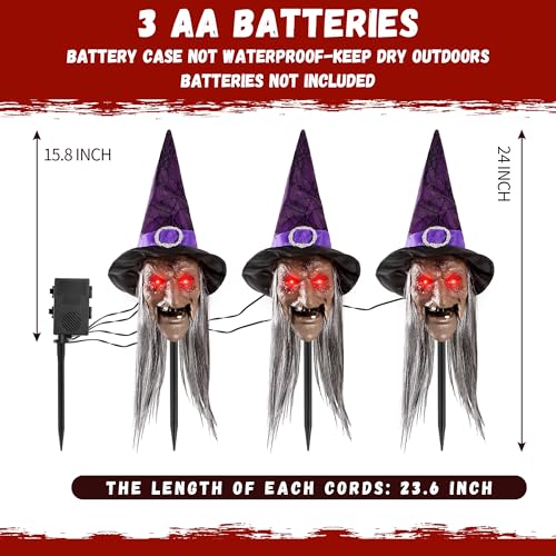 3-Pack Halloween Animatronic Witch Stakes with Sound, Light-Up Eyes, Moving Mouth V262254