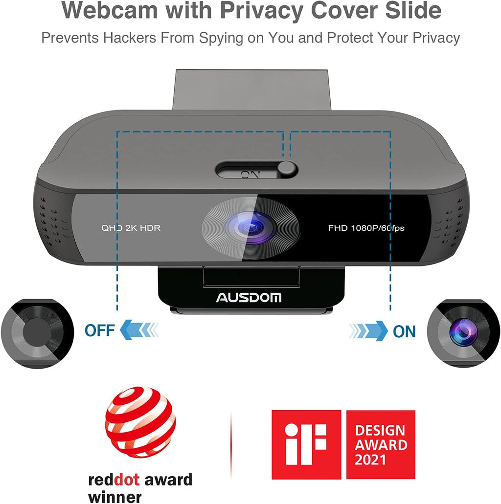 2K QHD Webcam with HDR, Dual Noise Canceling Mics & Privacy Cover O7241